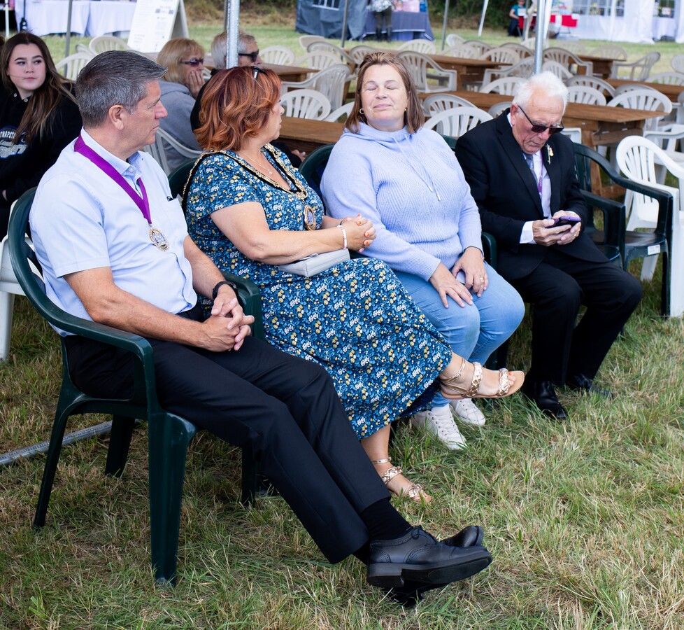 Chelmsford City Mayor, Cllr Linda Mascot sitting with Sandra finding out more about our hall and the show whilst waiting for the Irish the dancing demonstration  with the  Maureen Corr Irish Dancers